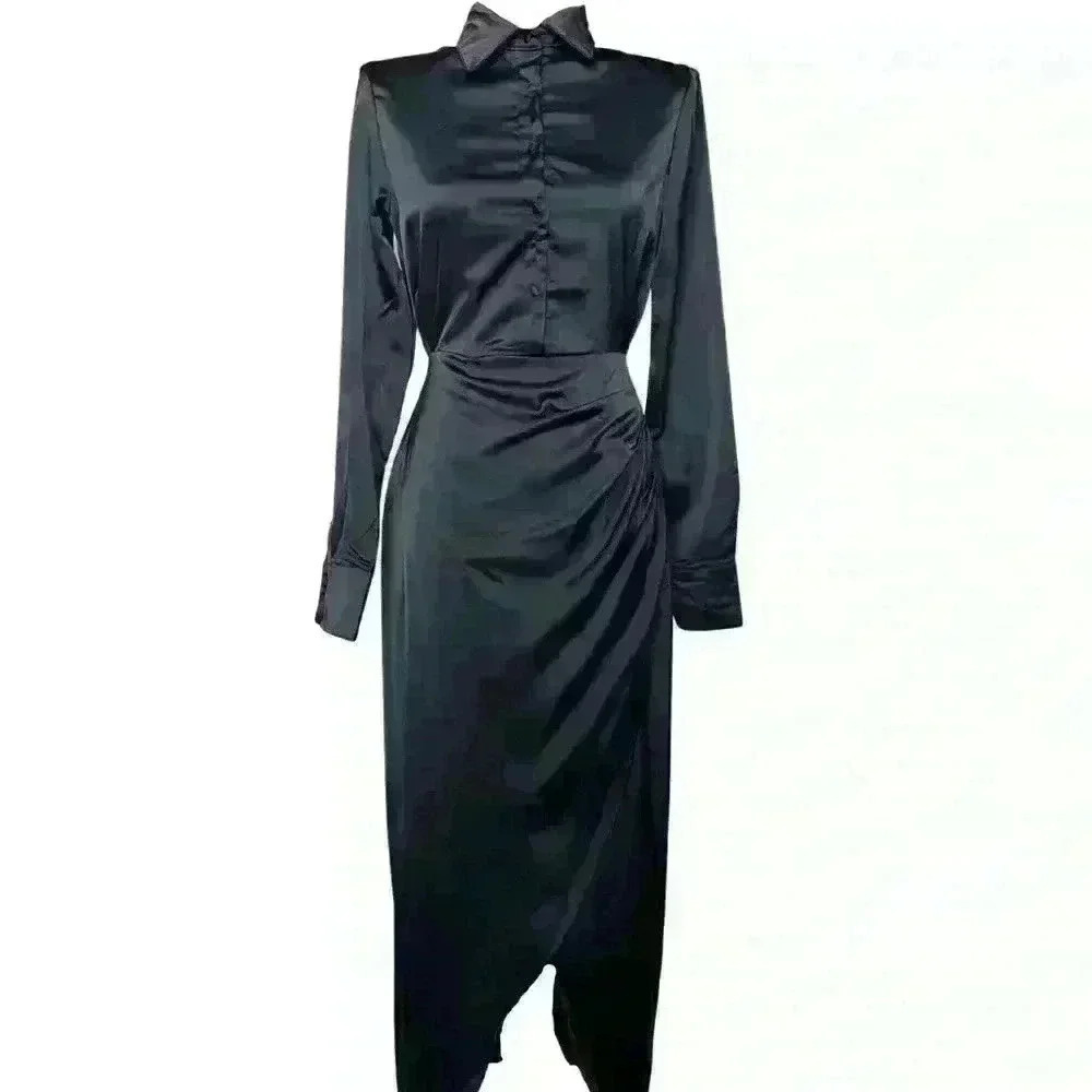 Ebony Silky Satin Maxi Dress with Side Slit